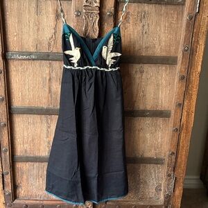 Black Dress with Teal Bird Embroidery